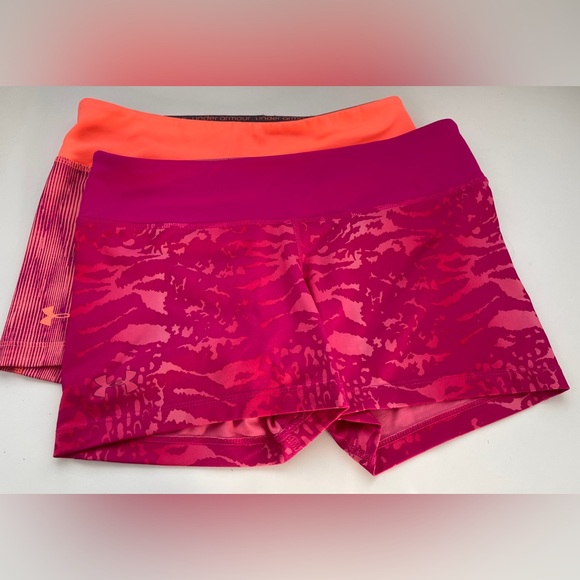 2 For 1 Under Armour MidRise HeatGear Compression Fitted Shorts Pink Orange Sz.S - Picture 2 of 7